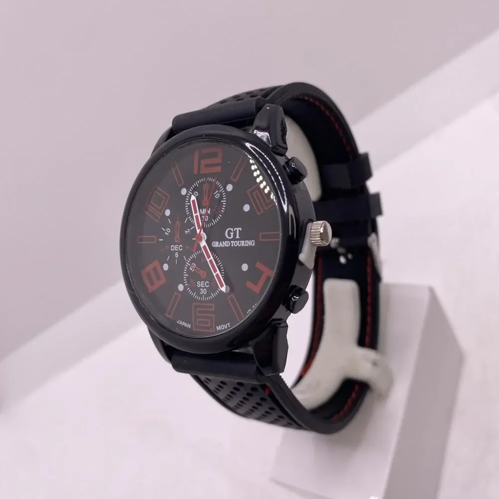 GT Mens Racing Style Rugged Rubber Black Red Watch New Battery